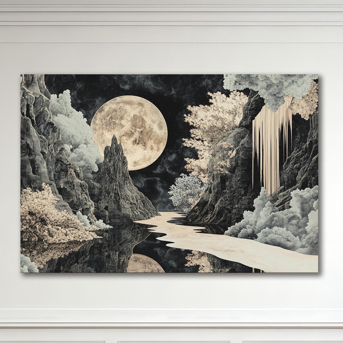 Full Moon Black Canyon Golden River Night Moody Landscape Poster
