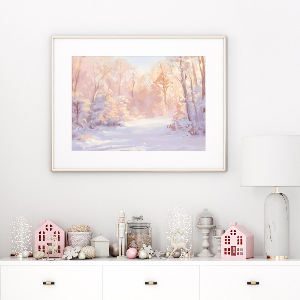 Pastel Winter Forest Painting, Pink Christmas Tree - Image 2