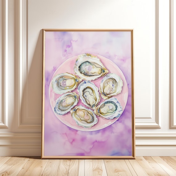 Pink Oyster Plate Watercolor Painting Lavender Coastal Kitchen Art Poster