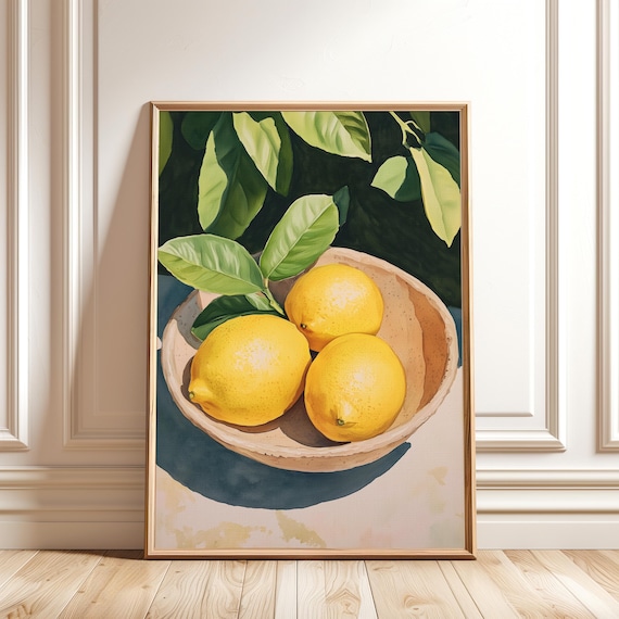 Sunny Lemons in Ceramic Bowl Rustic Citrus Kitchen Still Life Poster
