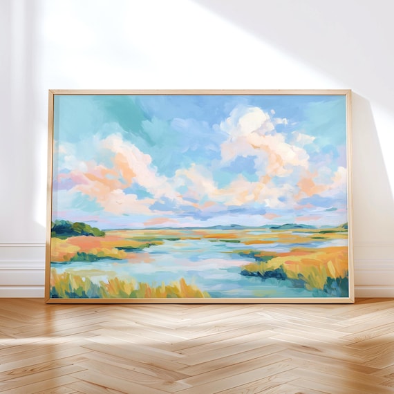 Pastel Marsh Sunset Print Impressionist Landscape Wall Art Sky And Water