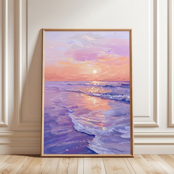 Purple Sunset Beach Painting, Coastal Seascape Art Print