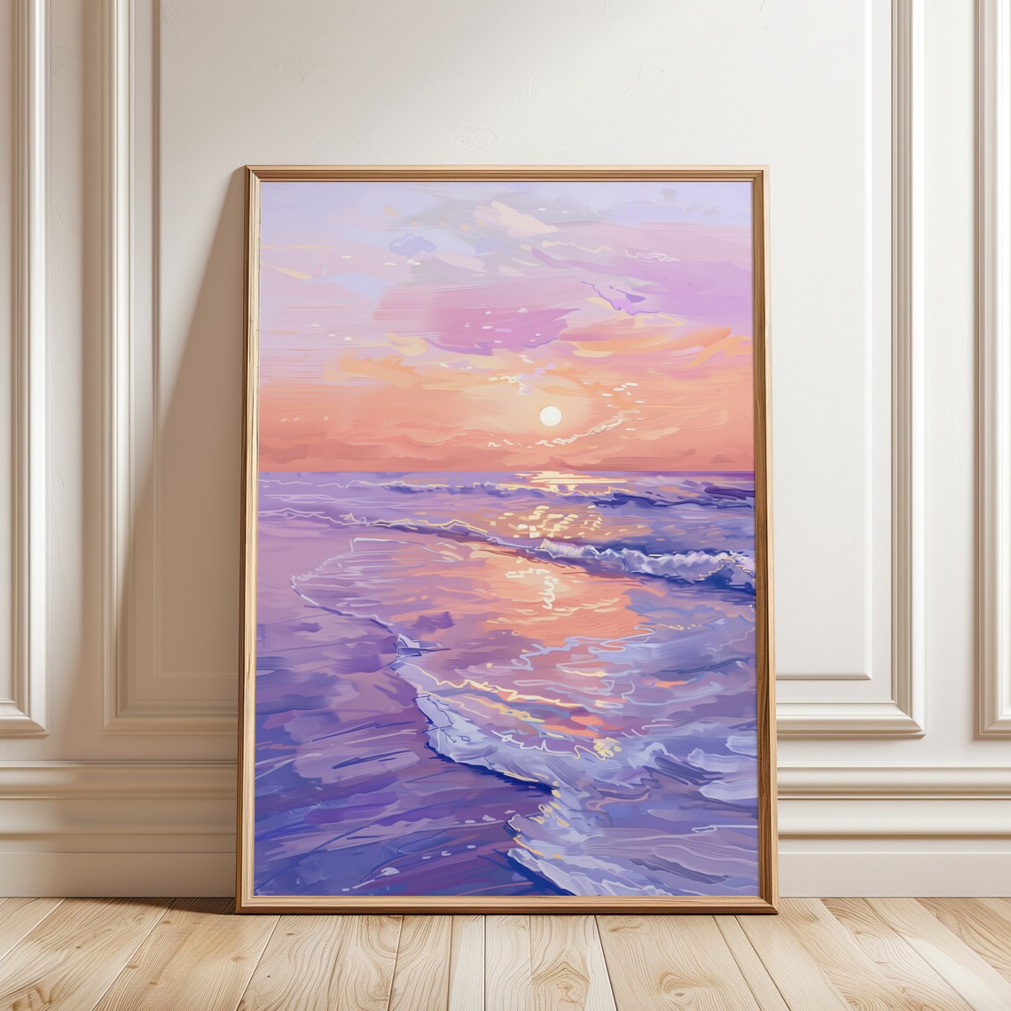 Purple Sunset Beach Painting, Coastal Seascape Art Print