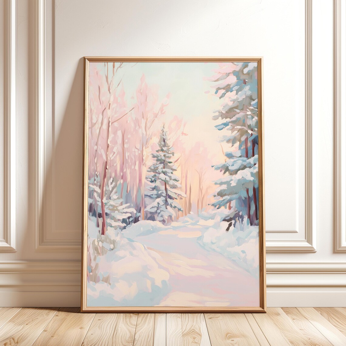 Pastel Winter Forest Painting, Pink Christmas Tree