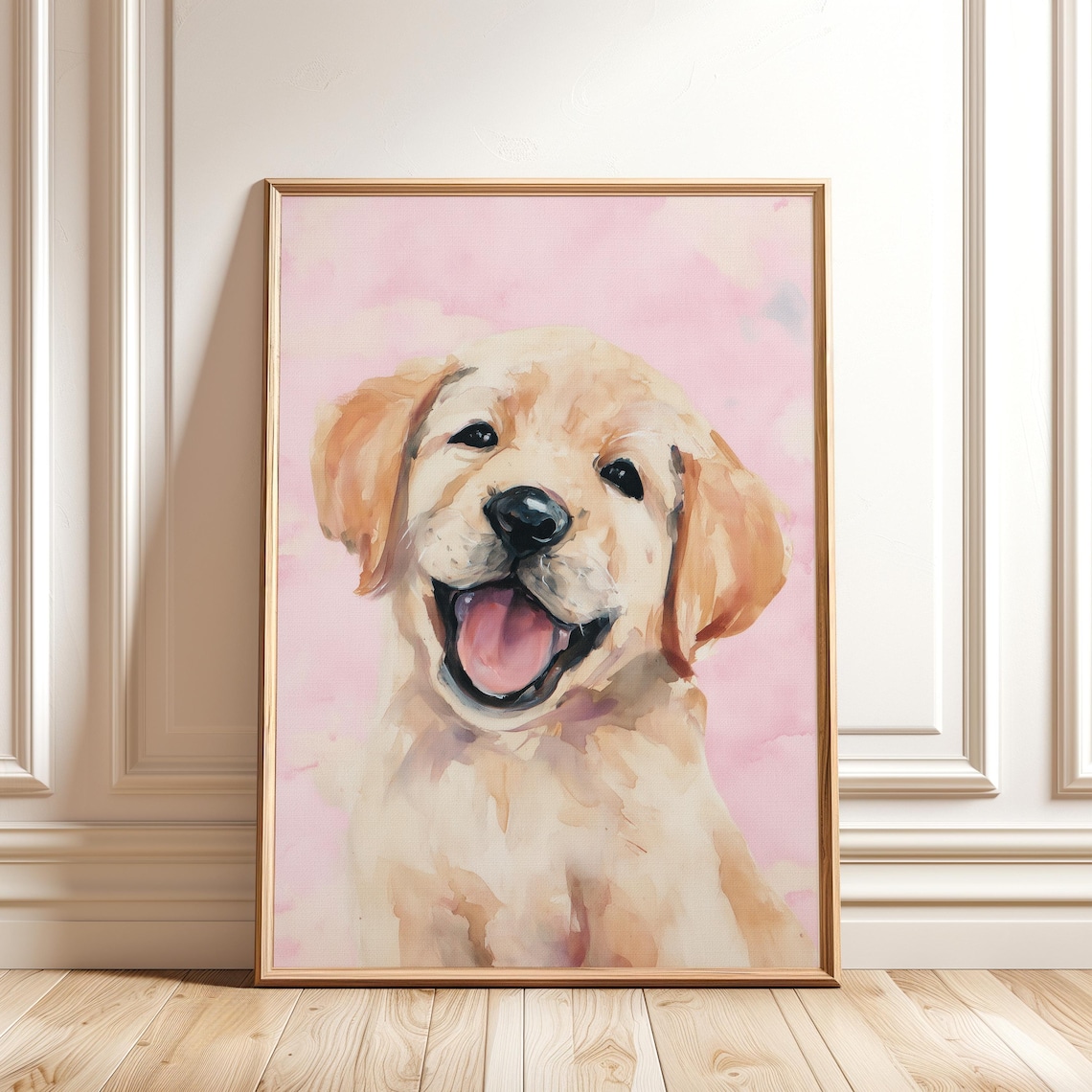 Happy Golden Retriever Puppy Smiling Pink Watercolor Pet Poster