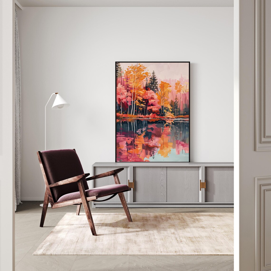 Colorful Autumn Forest Lake Painting, Landscape Art Print - Image 4