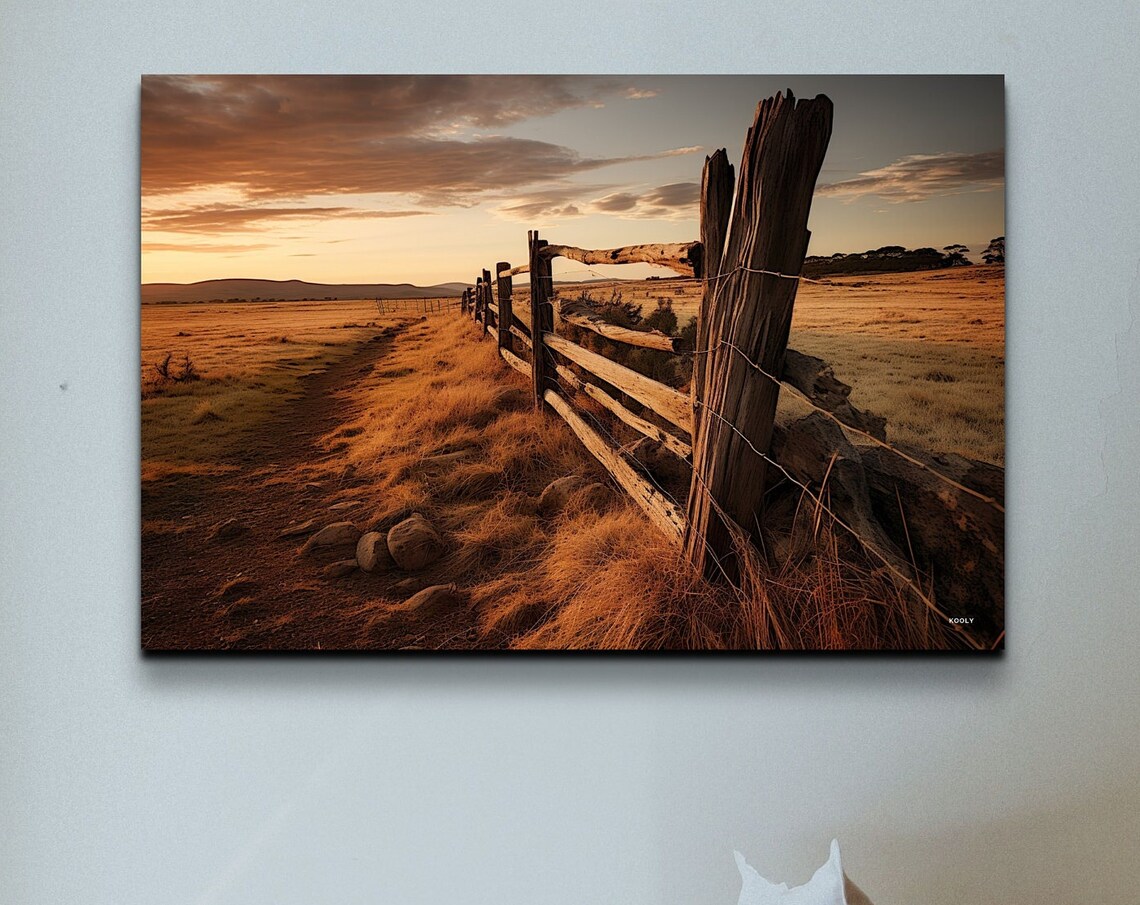 Rustic Wooden Fence Across Golden Field At Sunset Photo Poster