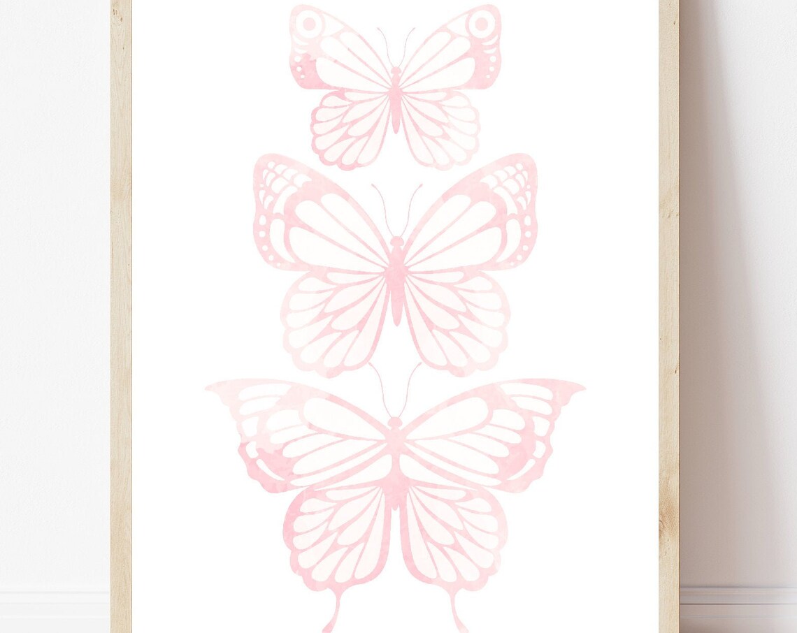 Blush Pink Watercolor Butterfly Trio Row Girls Nursery Wall Art Poster