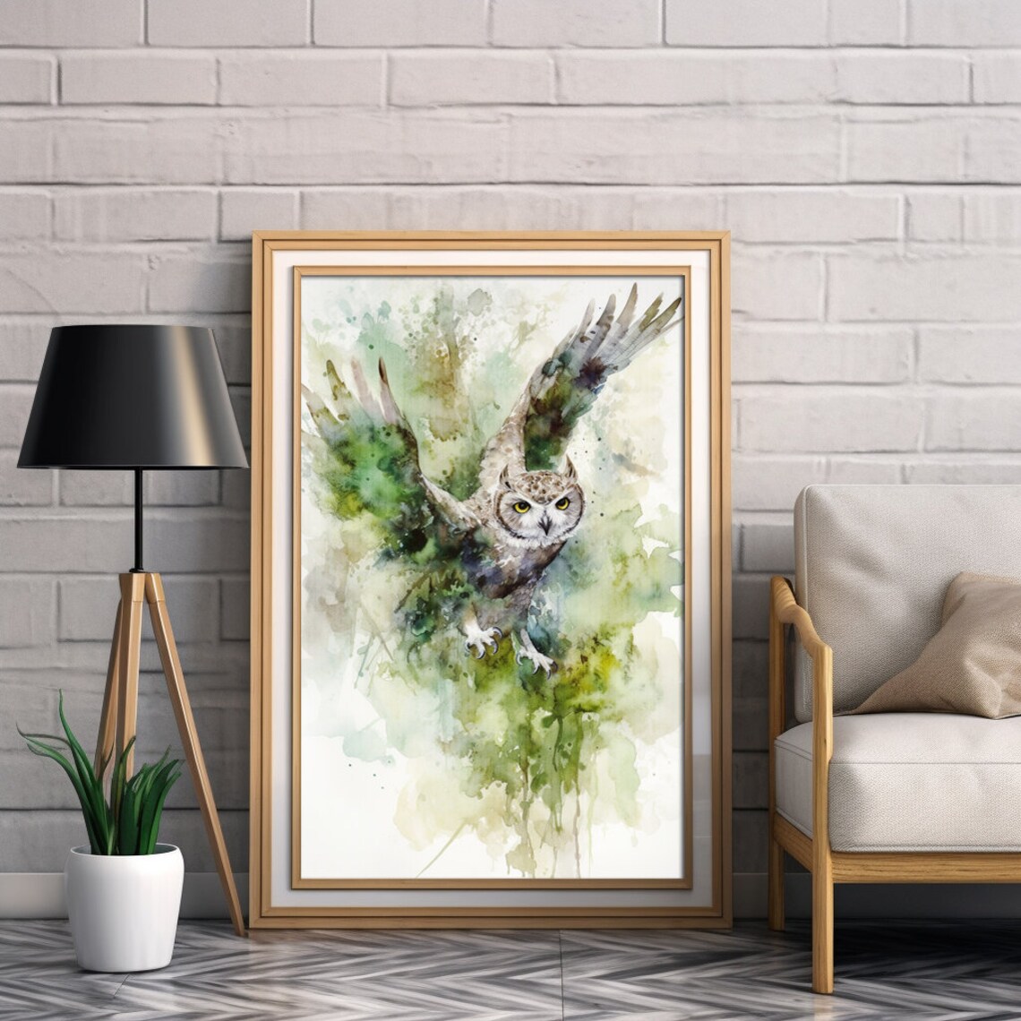 Owl in Flight Watercolor Painting Green Forest Night Bird Poster - Image 2
