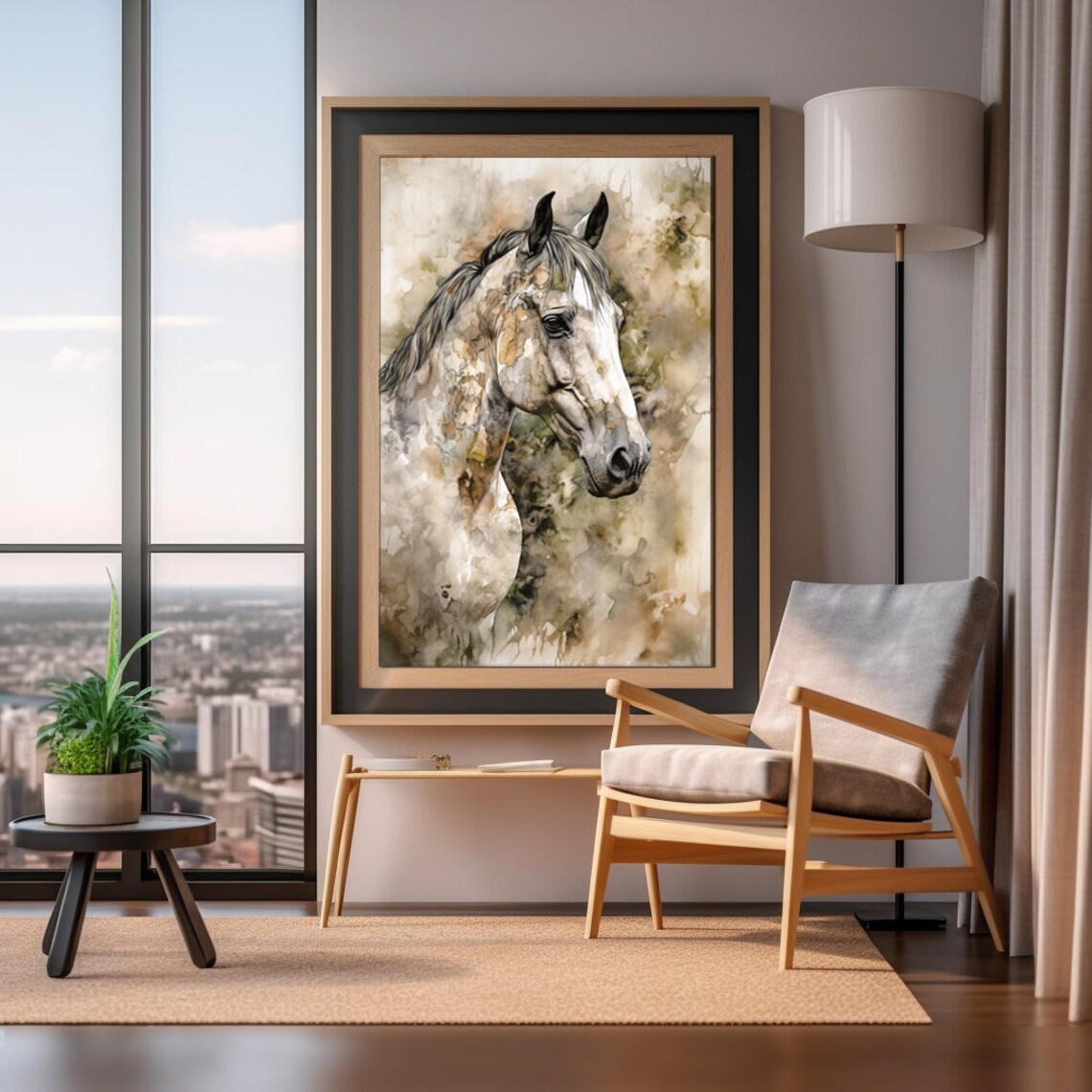 Grey Horse Head Portrait Watercolor Equine Wildlife Art Poster - Image 2