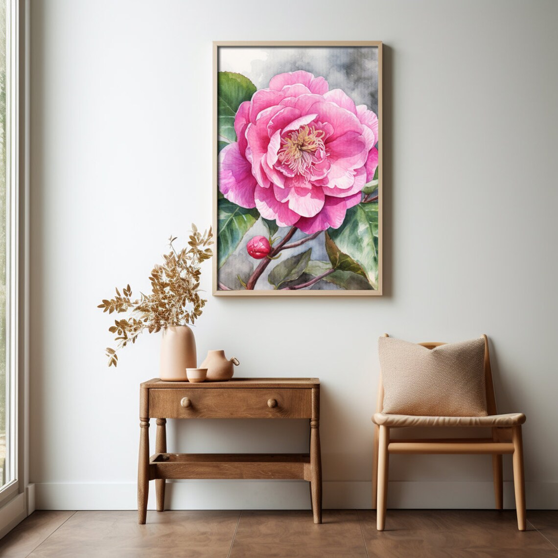 Camellia Watercolor Painting Realistic Japanese Camellia Watercolor Art For Hallway Bathroom Living Room Office Deco Japonica - Image 3