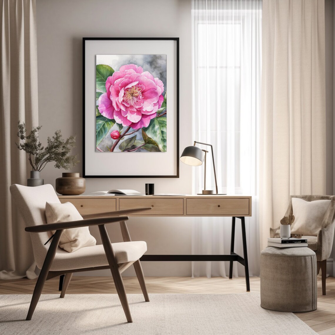 Camellia Watercolor Painting Realistic Japanese Camellia Watercolor Art For Hallway Bathroom Living Room Office Deco Japonica - Image 4