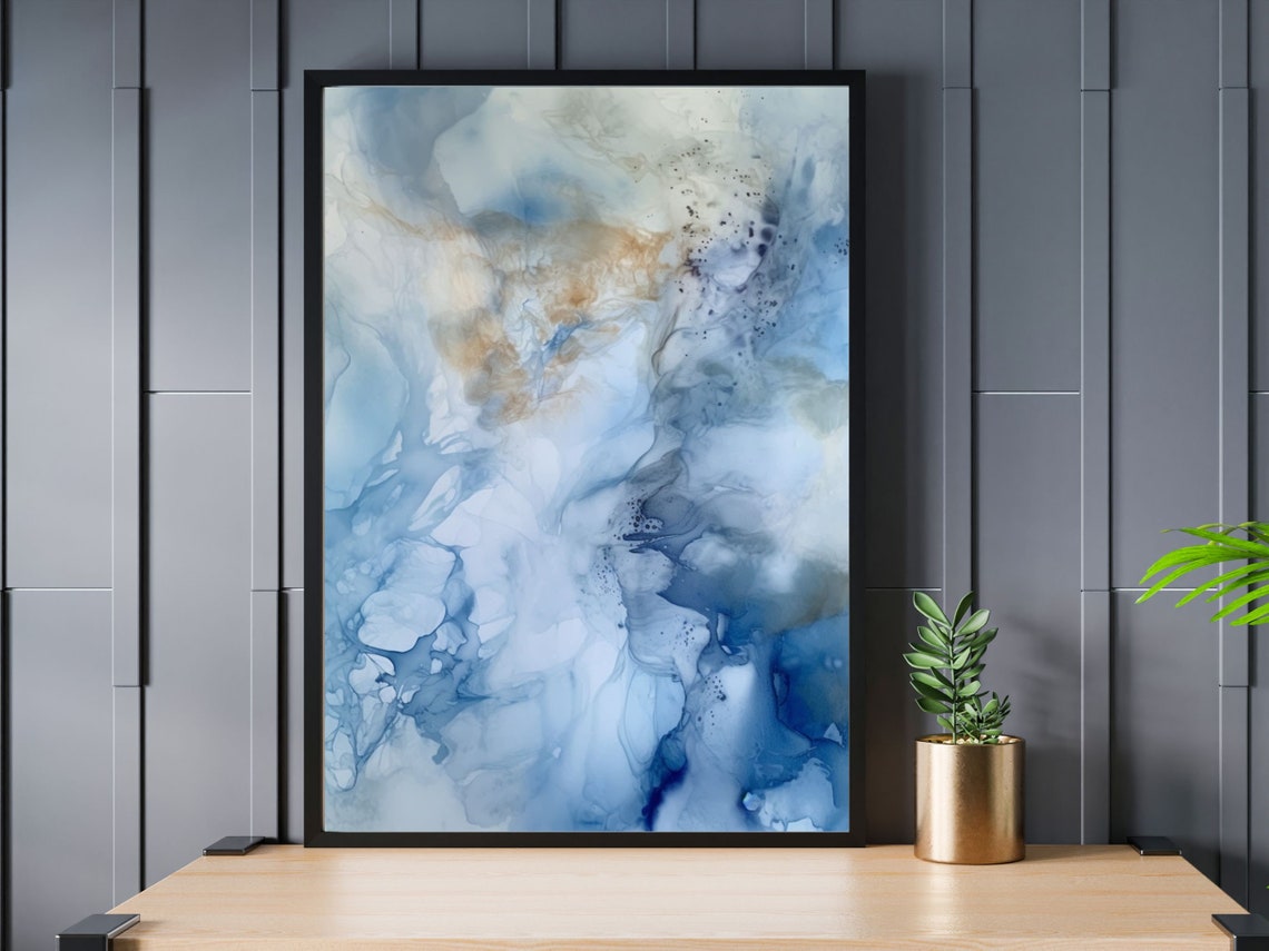 Blue and Gold Abstract Watercolor Serene Modern Painting Poster - Image 4