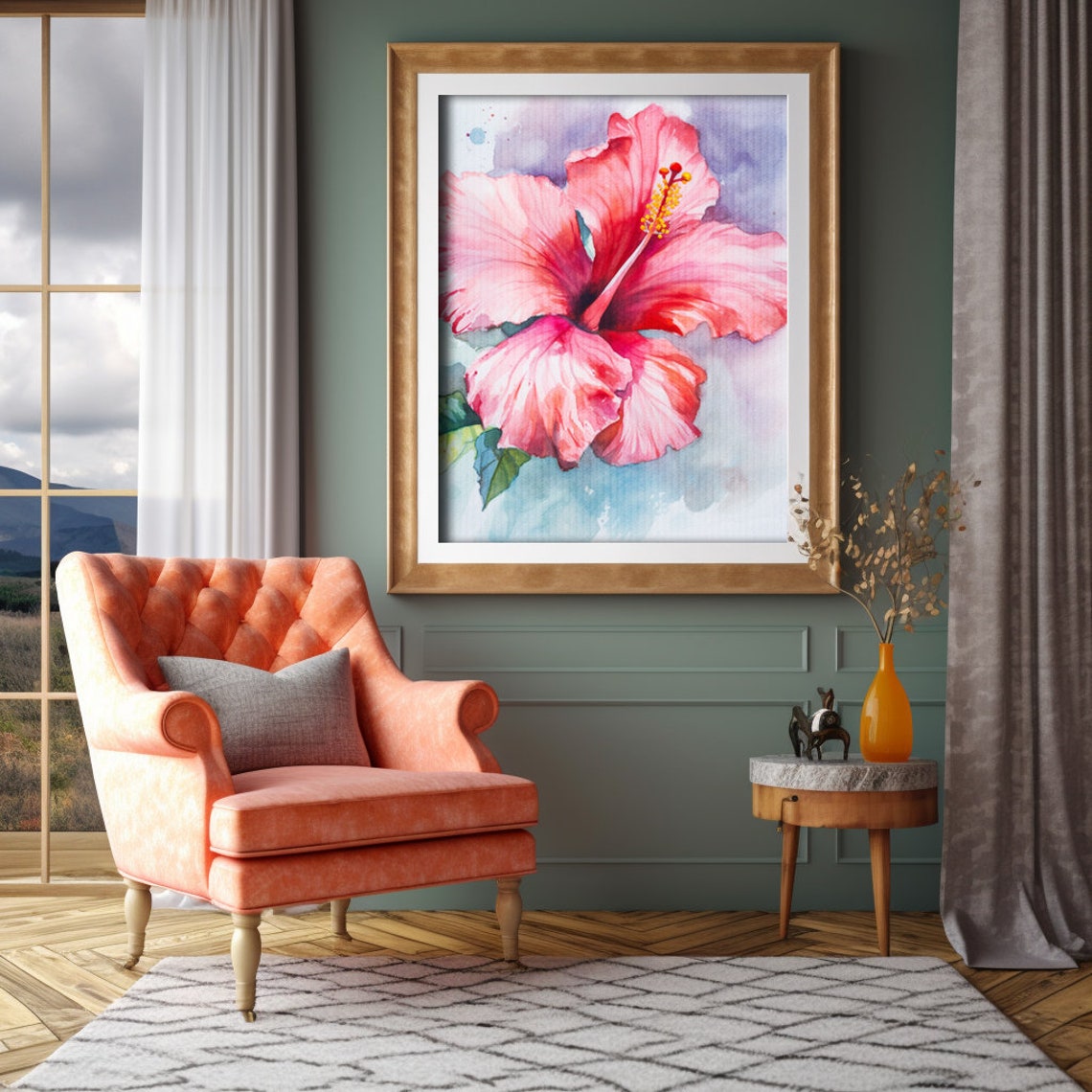 Hibiscus Flower Watercolor Painting Realistic Hibiscus Watercolor For Hallway Bathroom Living Room Office Hibiscus Painting - Image 4