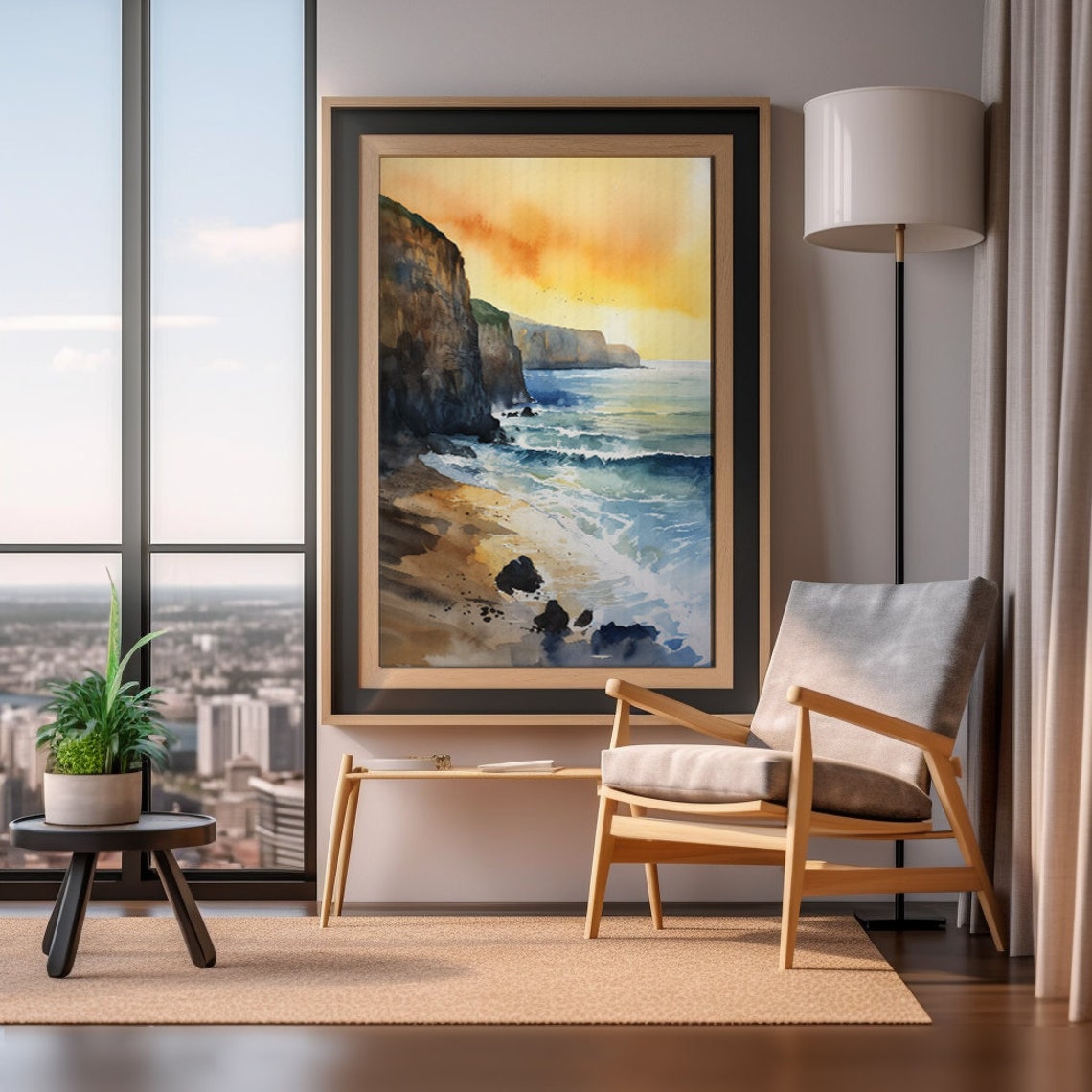 Sunset Over Ocean Cliffs Watercolor Beach Coastal Scene Poster - Image 3
