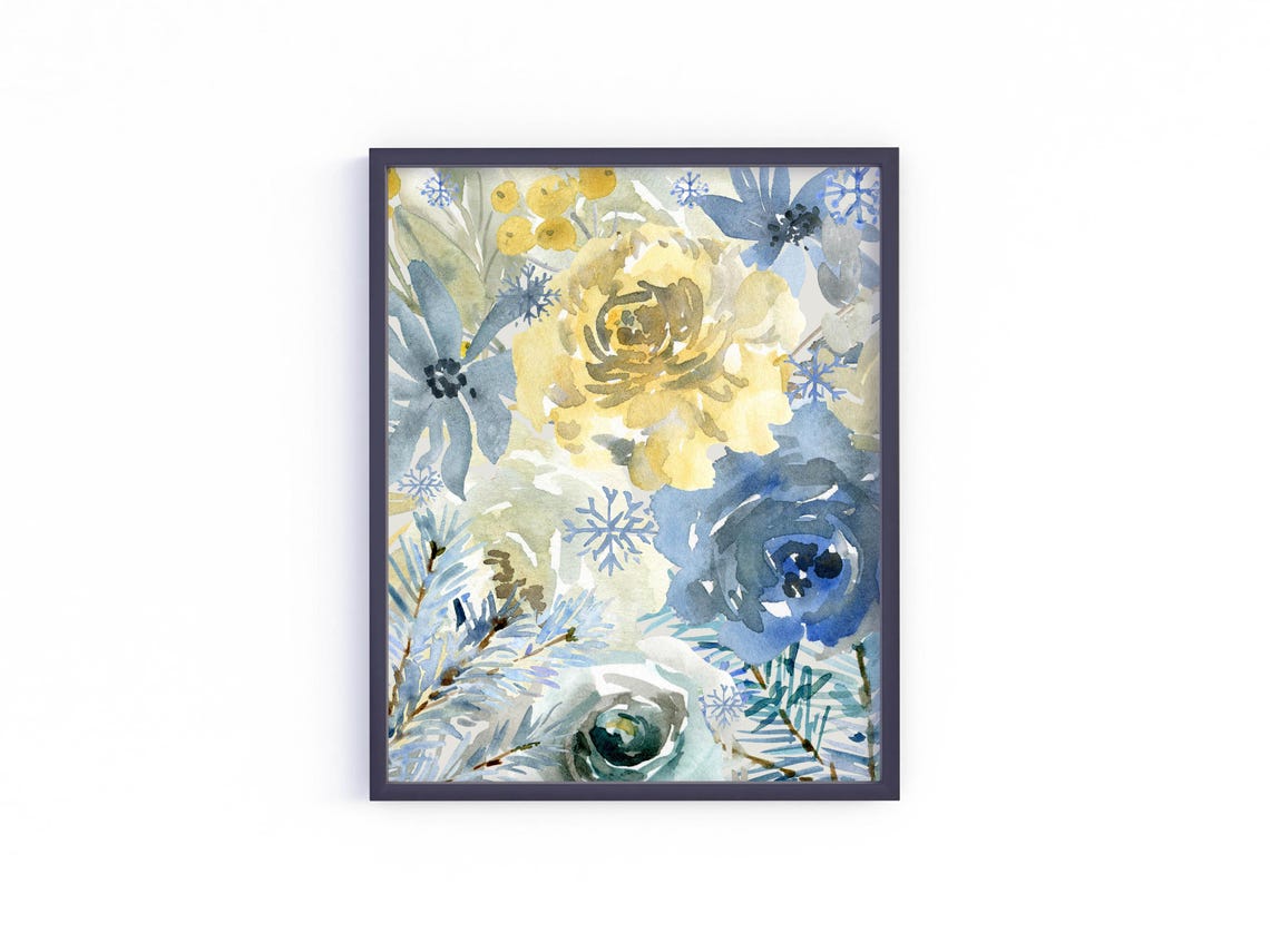Frosty Blue Gold Winter Floral Collage Watercolor Snowflake Poster - Image 3