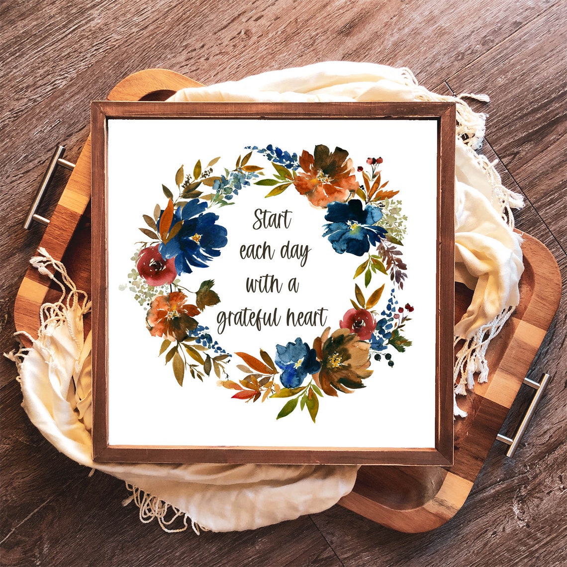 Start Each Day with a Grateful Heart Floral Wreath Art Print
