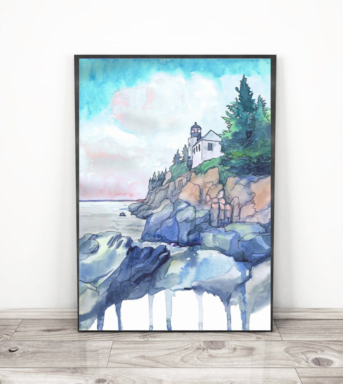Acadia Lighthouse Rocky Coast Watercolor Maine Travel Poster
