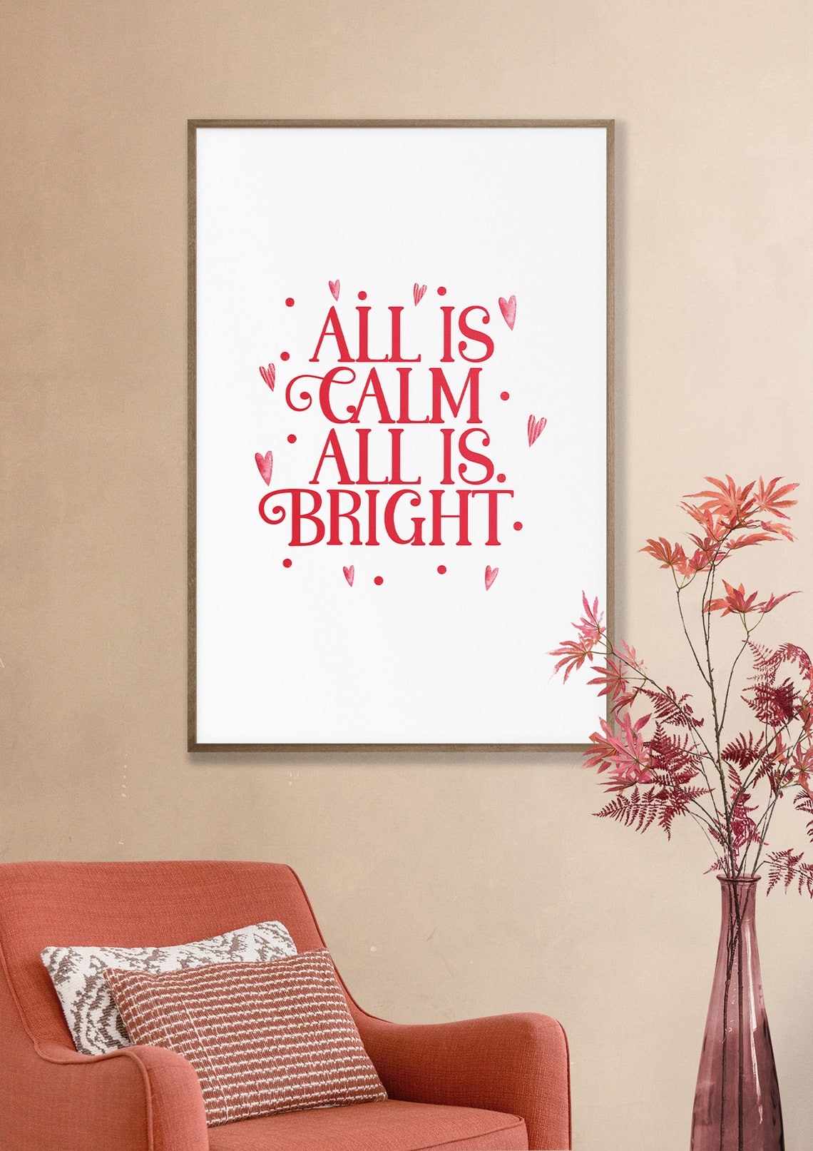 All Is Calm All Is Bright Red Heart Christmas Typography Poster - Image 2