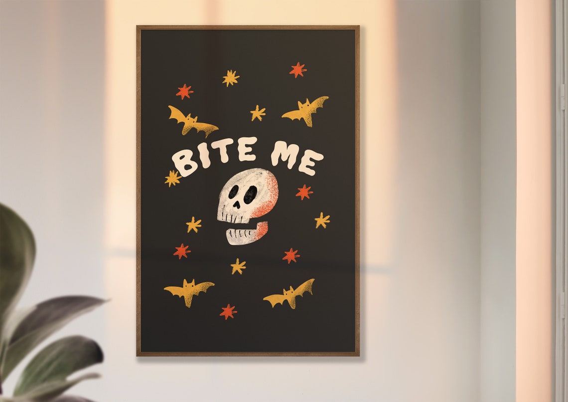 Bite Me Funny Skull Bats Humor Minimalist Halloween Wall Poster - Image 2