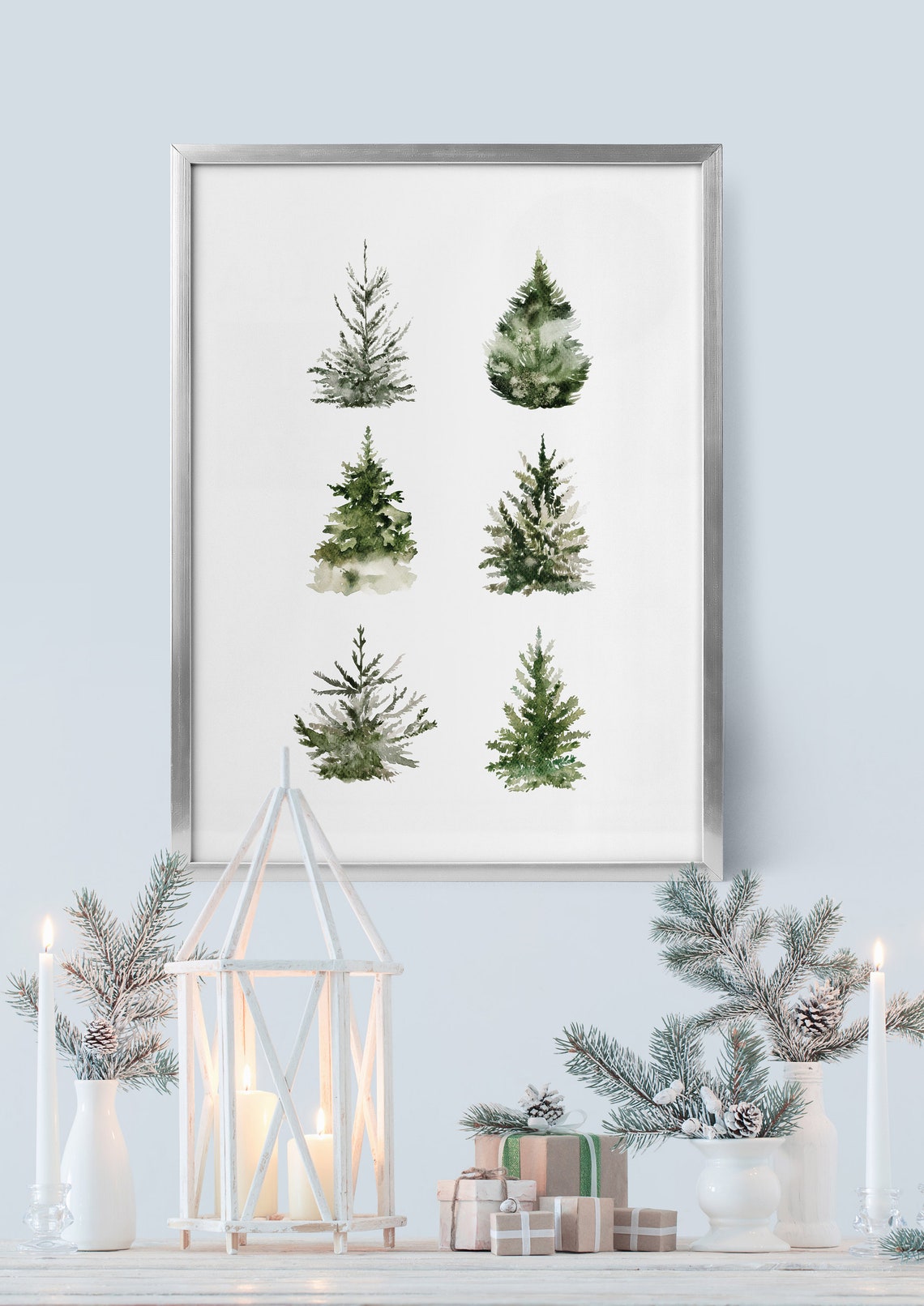 Six Watercolor Pine Trees Botanical Winter Evergreen Forest Poster - Image 3