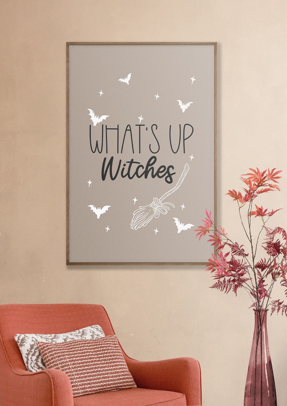 Whats Up Witches Broomstick Bats Neutral Beige Halloween Poster - Image 2