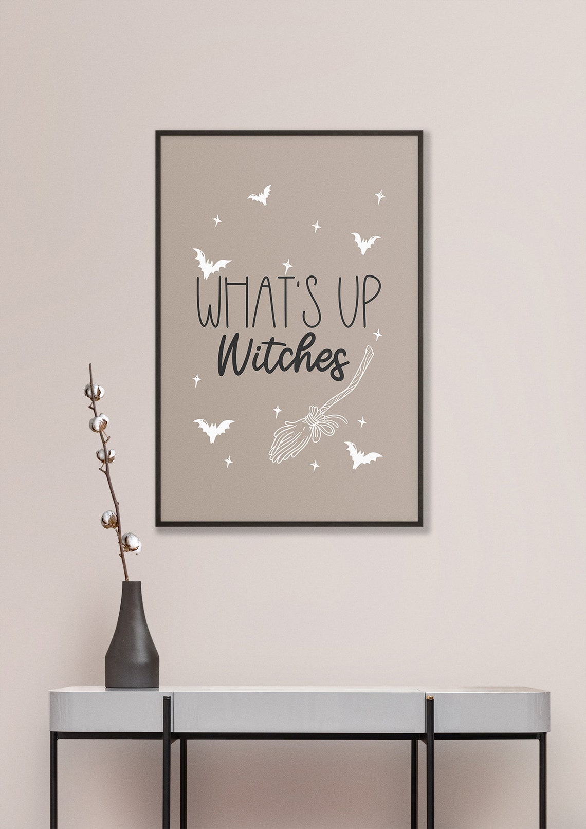 Whats Up Witches Broomstick Bats Neutral Beige Halloween Poster - Image 5