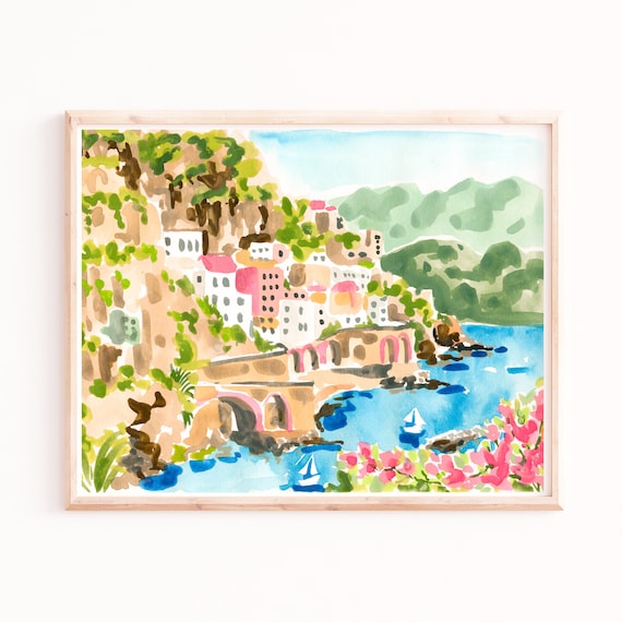 Sorrento Italy Watercolor Travel Poster, Italian Landscape