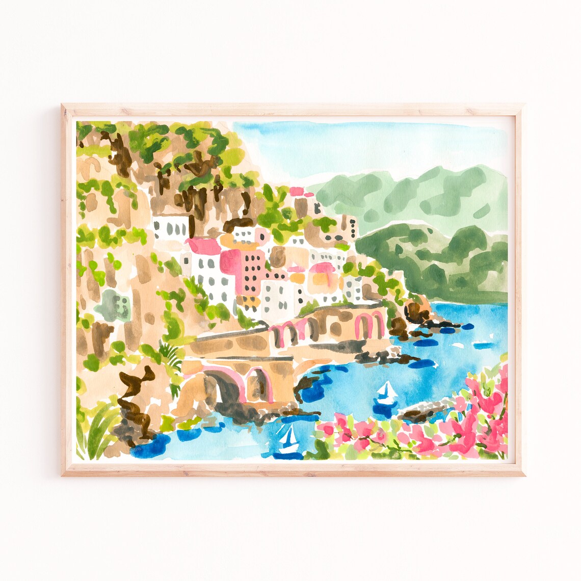 Sorrento Italy Watercolor Travel Poster, Italian Landscape
