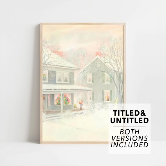 Snowy Farmhouse Christmas Pastel Winter Wonderland Art Poster