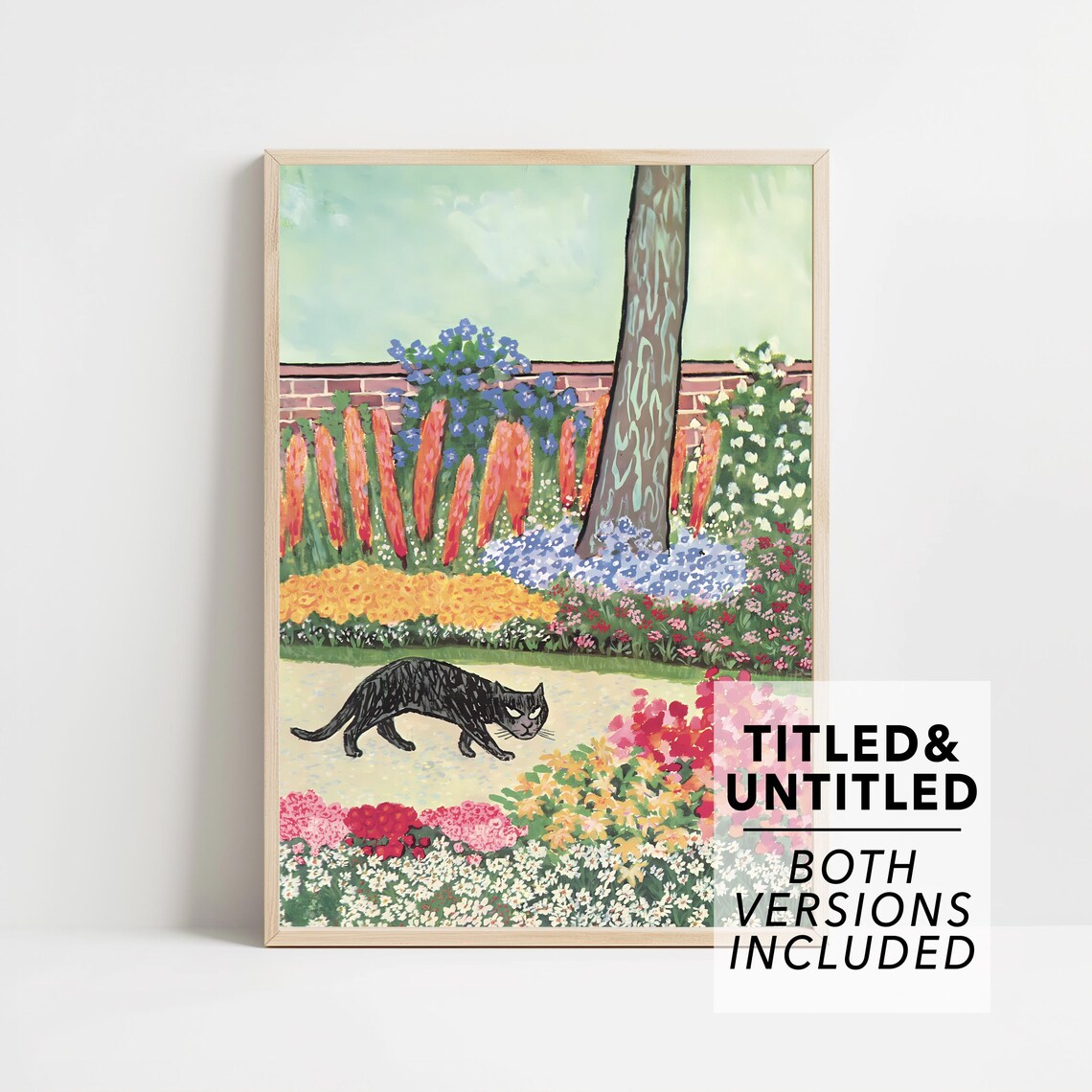 Black Cat Flower Garden Naive Folk Style Cat Lover Art Poster