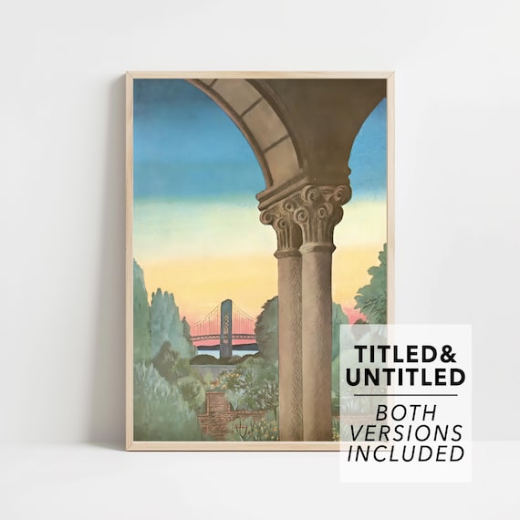 Sunset Suspension Bridge View Through Stone Arch Terrace Garden Poster