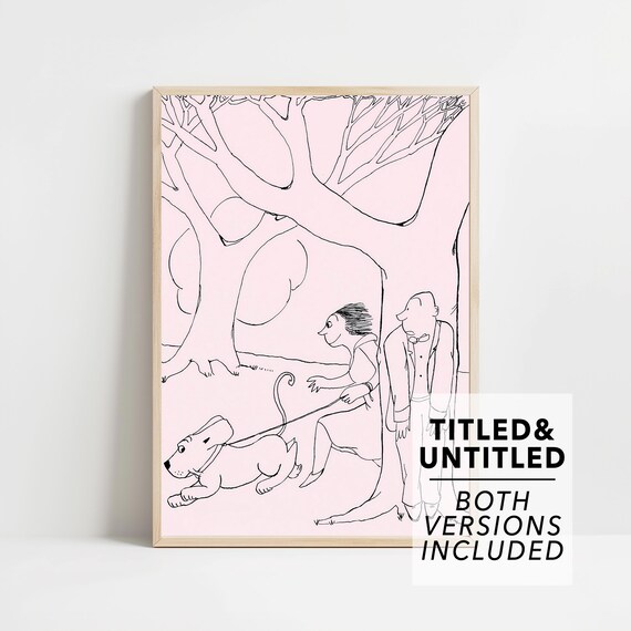 New Yorker Style Pink Line Drawing of a Couple Walking Their Dog Poster