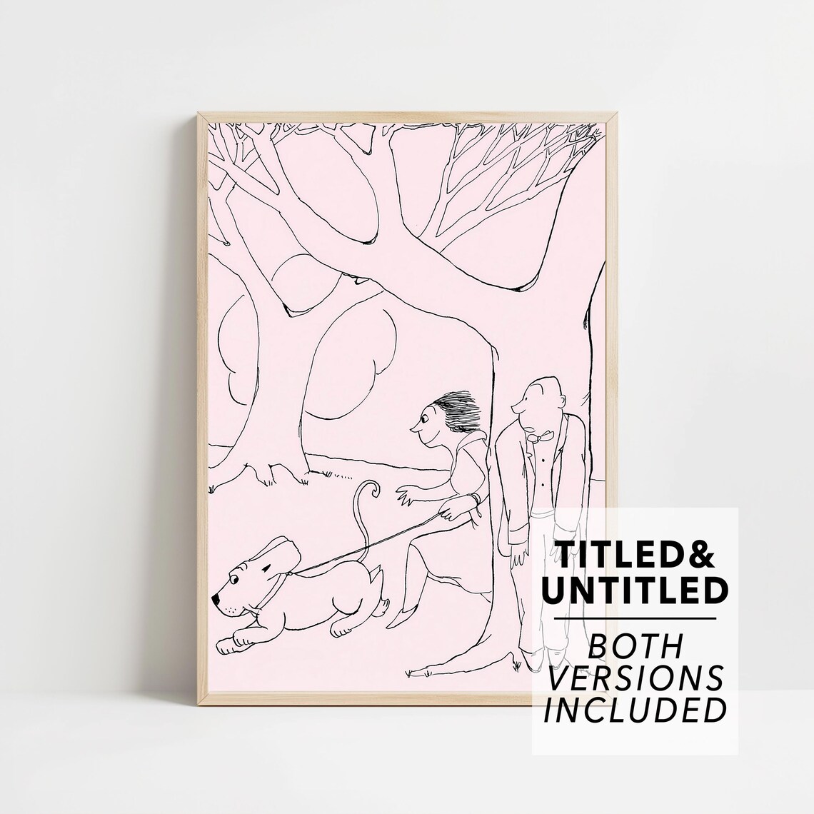 New Yorker Style Pink Line Drawing of a Couple Walking Their Dog Poster