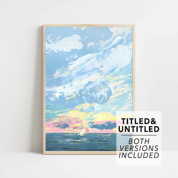Sailboat with Red Striped Sail at Pastel Sunset Dramatic Clouds Art Poster
