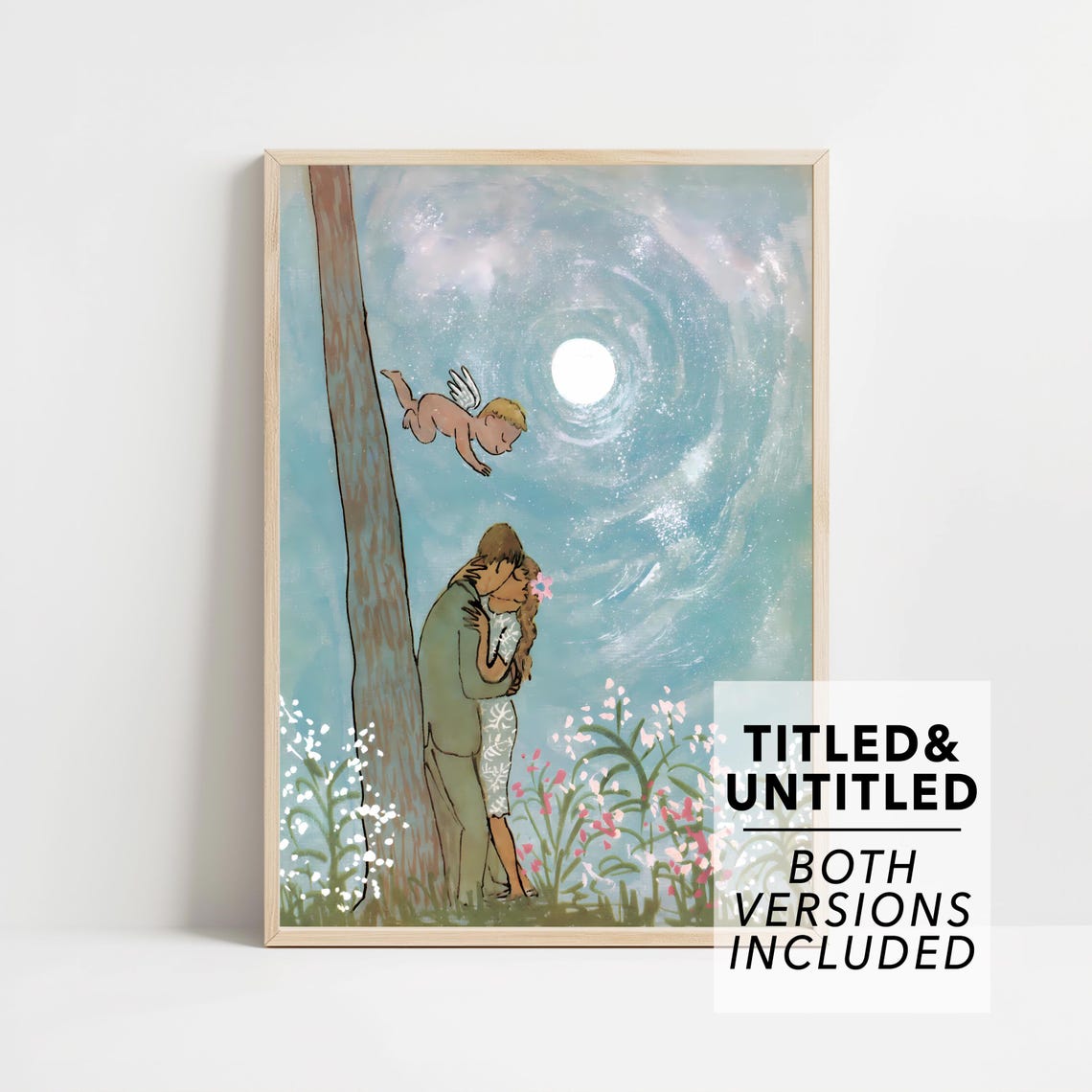 Couple Embracing Under Moon Cherub Night Romantic Fairy Art Poster