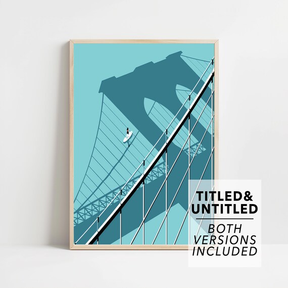 New Yorker Style Teal Brooklyn Bridge Minimalist Paddleboarder Art Poster