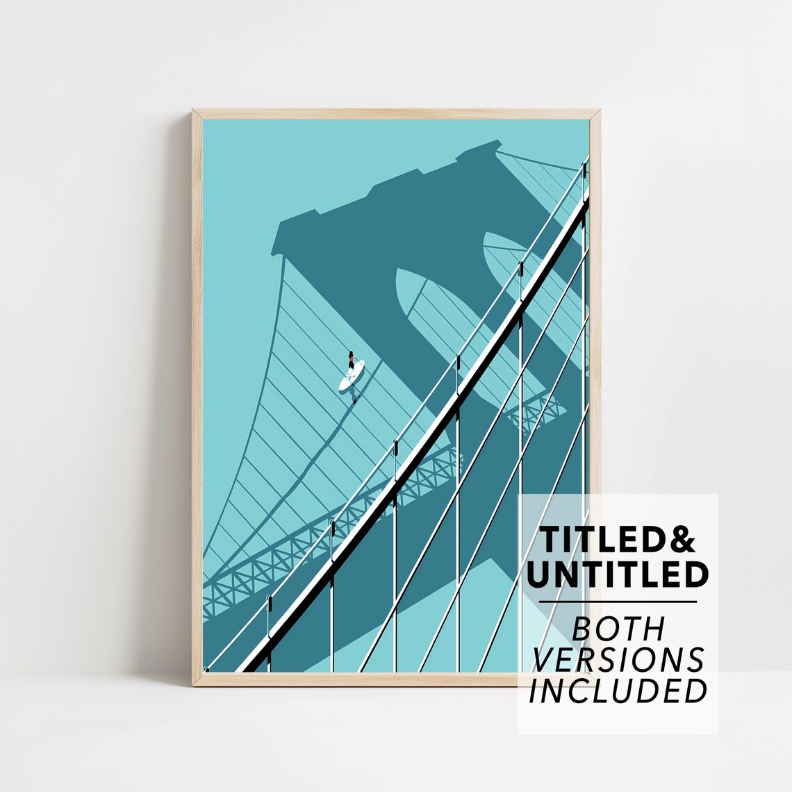 New Yorker Style Teal Brooklyn Bridge Minimalist Paddleboarder Art Poster