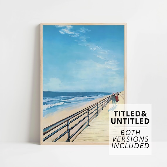 Couple Walking On Boardwalk Beside Blue Ocean Waves Scene Poster