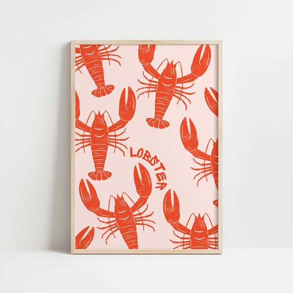 Pink Lobster Wall Art Print Nautical Illustration Wall Decor Sea Life Kitchen Poster Red And Pink Apartment Decor Trendy Retro Wall Art