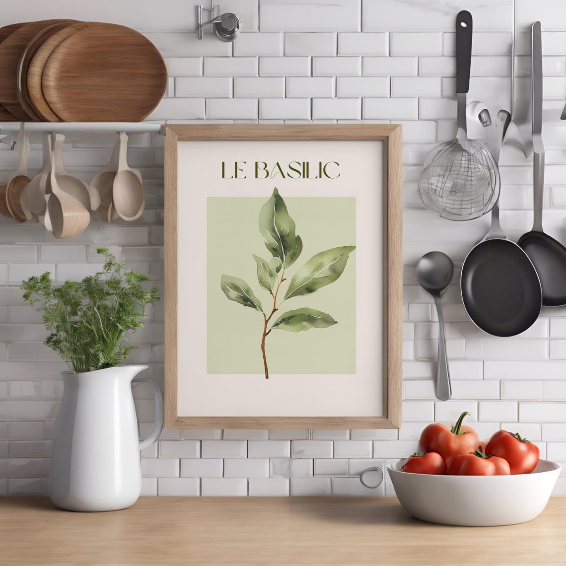 Le Basilic Watercolor Basil Sprig French Herb Kitchen Wall Art - Image 3