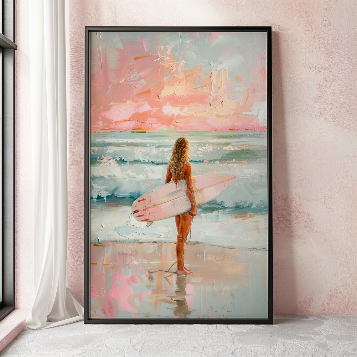 Surfer Girl Sunset Beach Pink Surfboard Coastal Painting Poster - Image 2