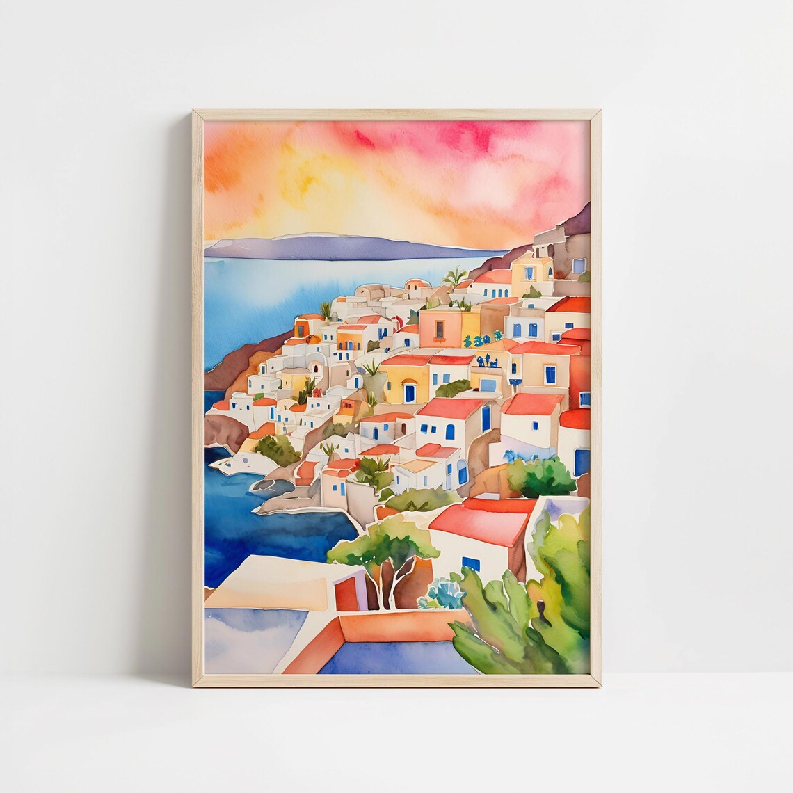 Greek Coastal Village Sunset Watercolor Aegean Sea Art Print