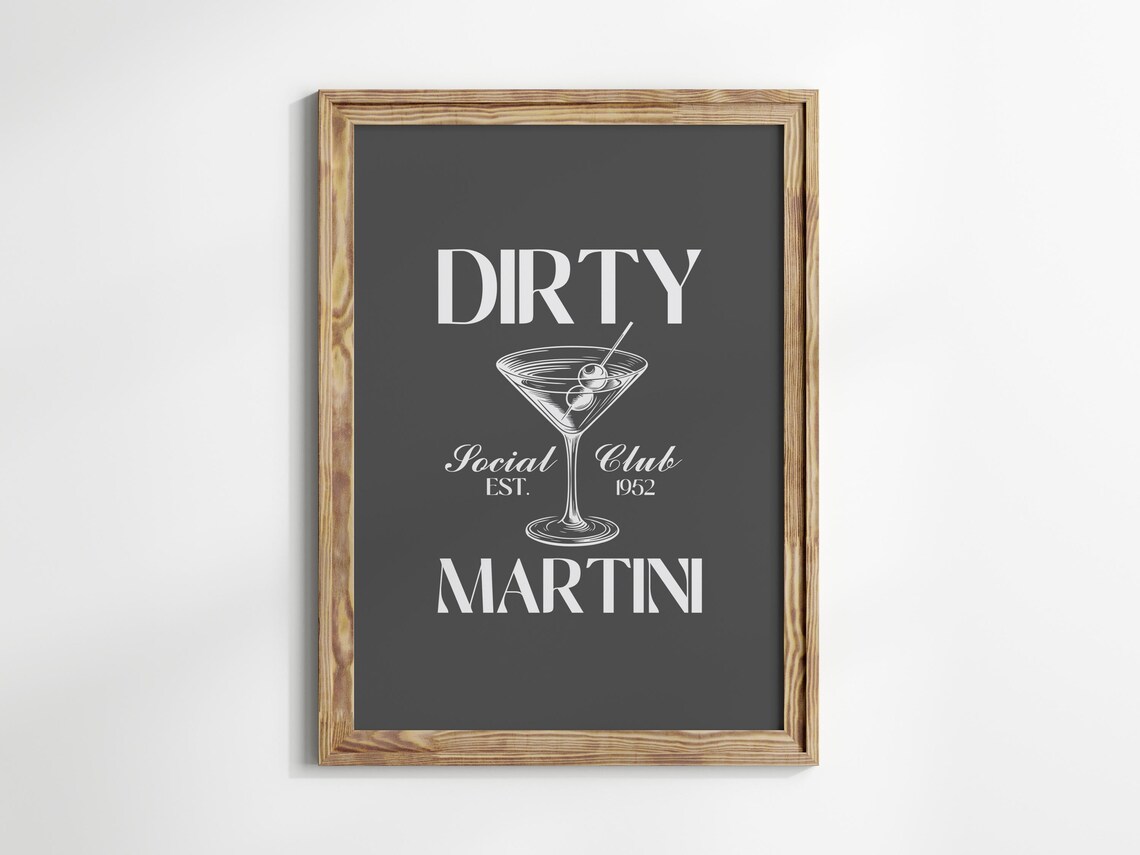 Dirty Martini Social Club Est 1952 White Typography Black Bar Cart Poster - Image 2