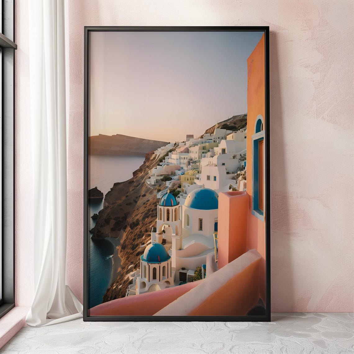 Santorini Blue Domes Peach Facades Golden Hour Greece Wall Art - Image 2
