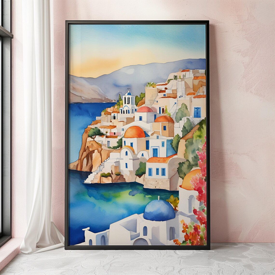 Greek Hillside Village Blue Dome Church Mountain Watercolor Poster - Image 2
