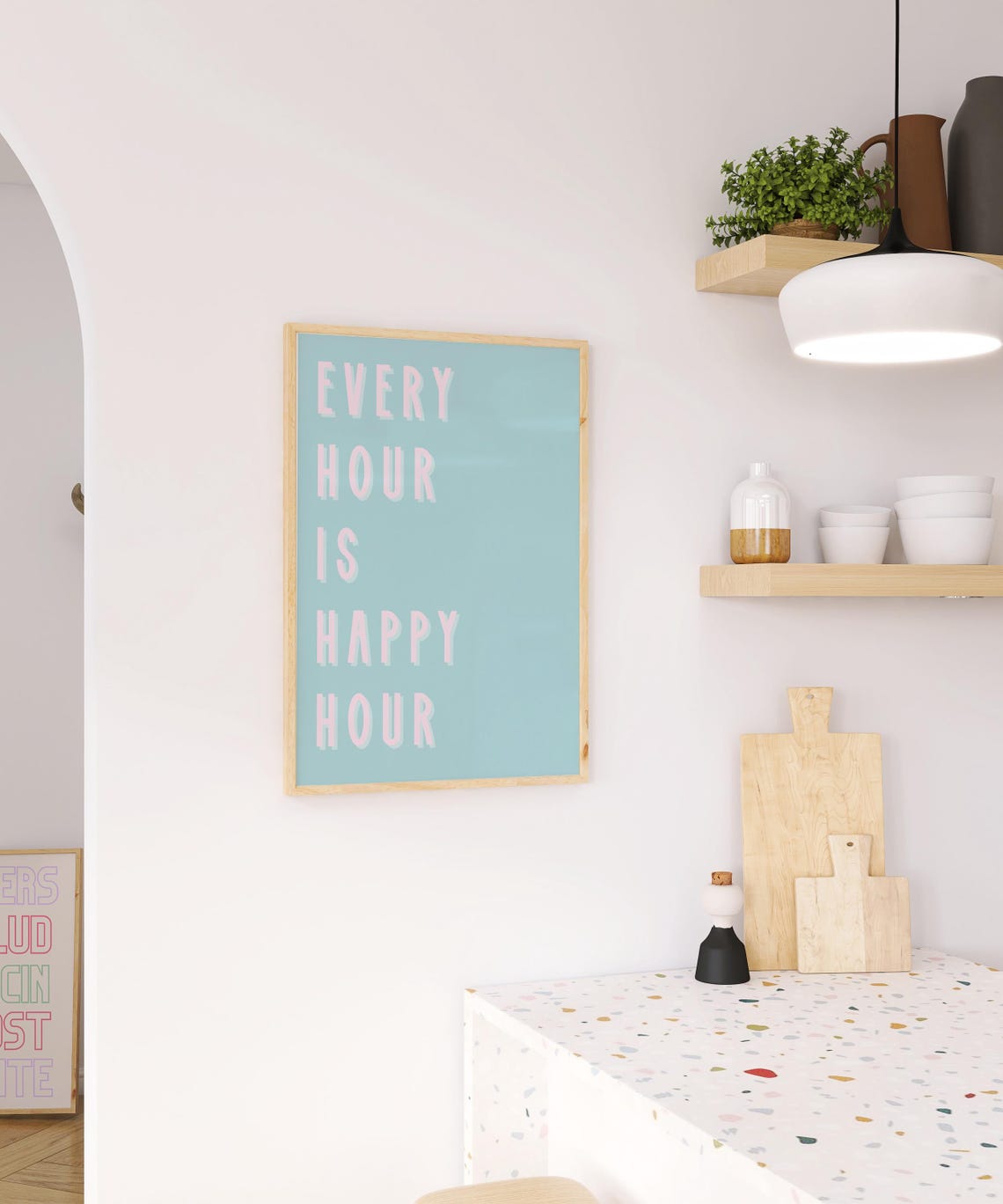 Every Hour Is Happy Hour Aqua Pink Typography Bar Cart Wall Art - Image 3