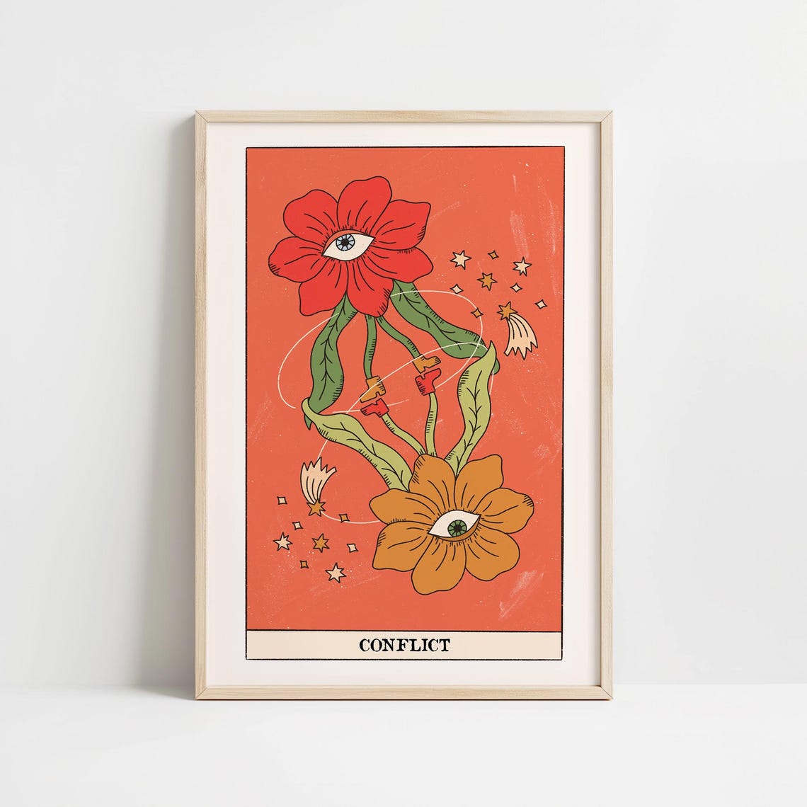 Conflict Tarot Card Surreal Eye Flowers Celestial Mystic Wall Art