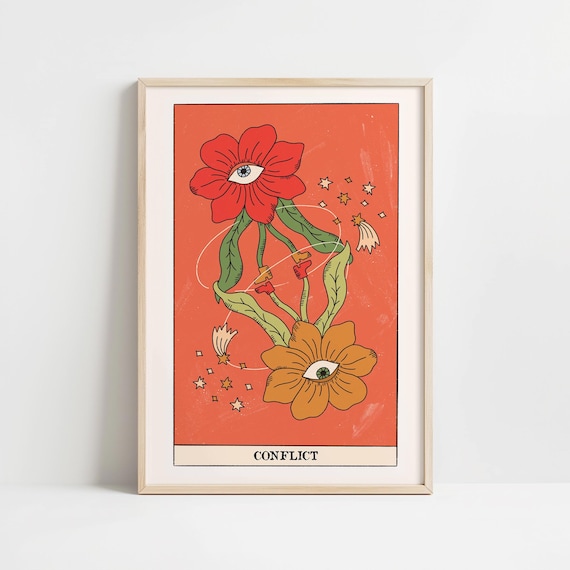 Conflict Tarot Card Surreal Eye Flowers Celestial Mystic Wall Art