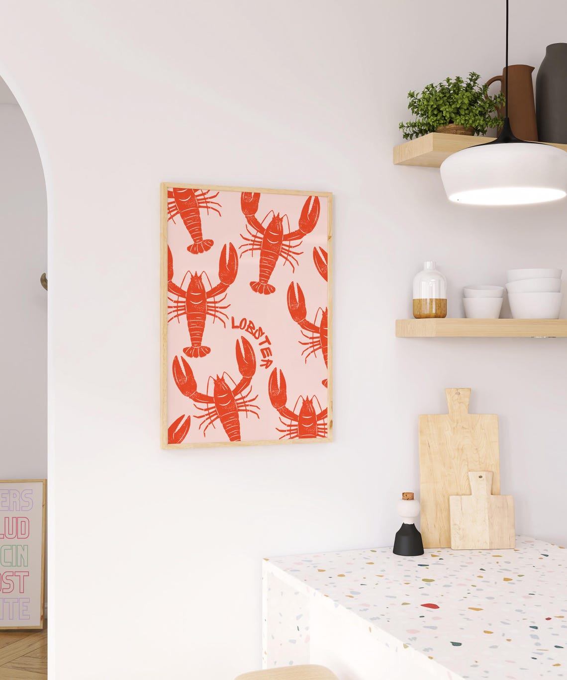 Red Lobster Pattern Lobster Text Nautical Kitchen Decor Poster - Image 3